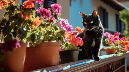 A black cat peeking out from behind a row of colorful flower pots on a sunlit balcony.