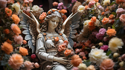 Angel statue in flowers