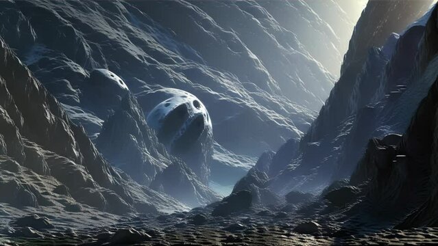 A desolate ravine landscape with a distant planet in view.
