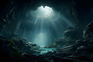 A dark, gloomy, mysterious stone cave with light coming from the ceiling.