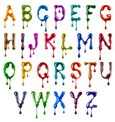 Colorful glossy large latin letters with dripping drops drawn with paint on a white background