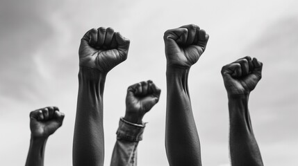 four fists of african people raised to the sky black and white photo with copy space - obrazy, fototapety, plakaty
