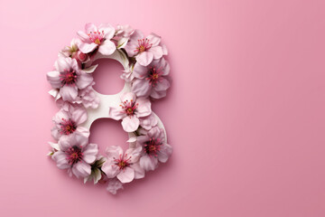 8 March. International Women's Day. Pink flowers on pink background with copy space.