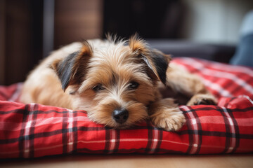 Cute small terrier dog resting on pet bed at home, Generative AI