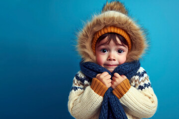 A portrait of a little boy dressed in winter clothes is shaking from the cold on solid blue background. ai generative