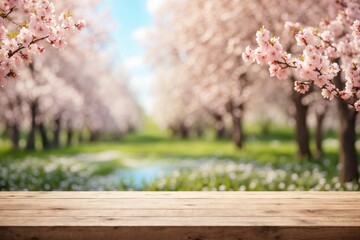 An empty wooden table for product display. blurred nature spring blooming trees background. ai generative