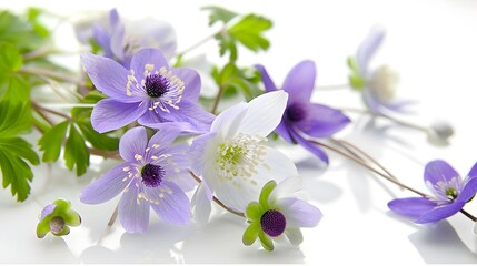 Naklejka premium Spring's Debut: An enchanting arrangement of first spring flowers, Anemone hepatica, isolated on a pure white canvas