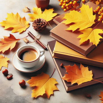 autumn background featuring yellow leaves, a book and a coffee cup. ai generative