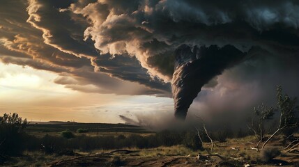 Fototapeta premium tornado with dark Thunder sky and landscape 