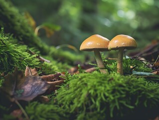 two mushrooms on a mossy forest floor with leaf litters