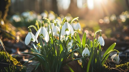 white snowdrop flowers bloom outdoors with sunlight