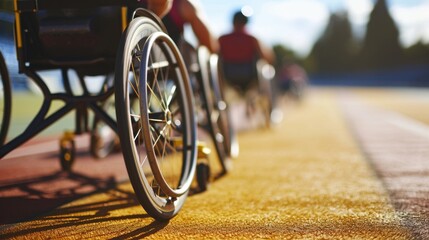 Championing Ability: Competitive Wheelchair Racing in Orange Motion - obrazy, fototapety, plakaty
