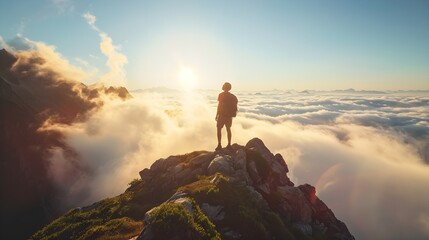 Wide angle, Young man standing on a mountain peak high above the rolling clouds, warm evening light, Backpack Travel concept 