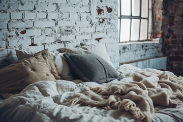Classic Comfort: Stylish Bedroom Decor with Luxurious Bedding and Brick Wall Background