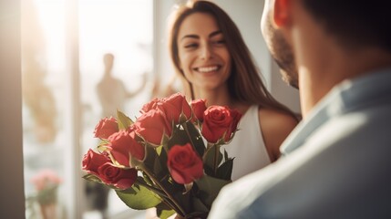 Man giving his amazed girlfriend bunch of red roses on Valentine's Day, generative ai