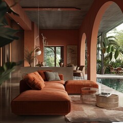 Chic Villa Living Room: Cozy Terra Cotta Velvet Sofa with Pool View
