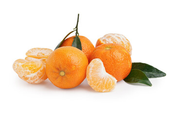 Sweet tangerines with leaves on white background