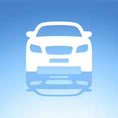 Car icon. Car front view. New car. Vector icon isolated on blue background.