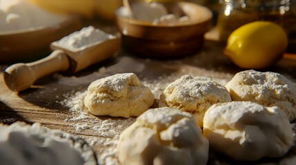 Fototapeta na wymiar Homemade dumplings on a wooden table with flour and eggs
