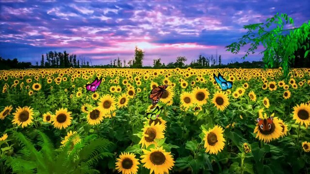 Nature Video 2024 Sunflower Garden Clouds Blue Sky, Green Leaf, Butterfly,4k, 2k, Ultra HD, Yellow, Green, Videography, Mp4 Download