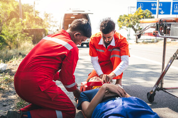First Aid, Emergency Rescue Team Helping Patient in Emergency Situation. Critical Medical...
