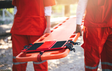 Close up of Emergency Rescue Team Holding Transfer Stretcher to Help Patient in Emergency...