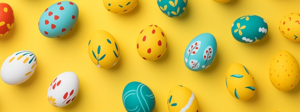 Easter colored eggs with decorative patterns on a yellow background.