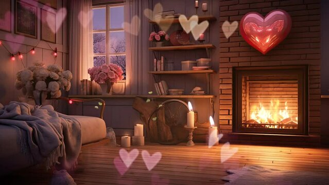 valentines day decoration in the room with fireplace,  candle and gift love concept celebration background.  seamless looping time-lapse virtual video animation background.