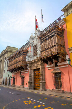 Facade and beautiful wooden balconies at Torre Tagle palace, headquarters of the Peruvian Foreign Ministry. Lima Peru