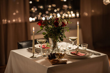 festive table serving at home on valentine's day - obrazy, fototapety, plakaty