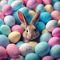 Easter cute rabbit in easter colorful eggs, Happy Easter concept