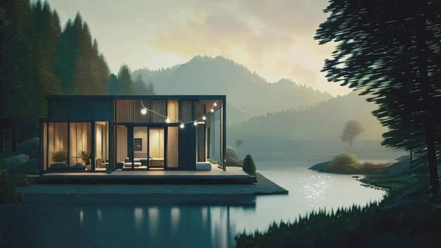 view of a minimalist house on the edge of a lake and a mountain background