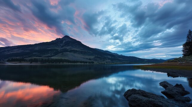 Awe-inspiring landscape photo featuring mountains, vivid colors, dramatic lighting, wide-angle perspective, excellent exposure, and a dynamic twilight sky