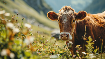Portrait of a happy brown cow on a summer alpine meadow