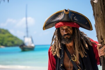 Pirate wearing hat on Caribbean beach