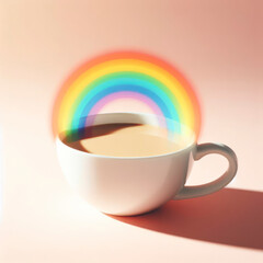 Closeup white cup of coffee and a rainbow above it on solid pastel background. ai generative