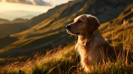 Breathtaking Landscape Photography: Full Shot of Golden Retriever Against Mountain Backdrop. Captured during the Golden Hour