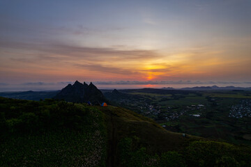 Aerial view of sunrise from top of le pouce mountain in Mauritius island