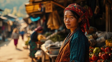 Obraz premium Street photography, Vietnamese woman in colorful ethnic clothing and traditional hat, local artisans, cotton and linen, bustling market, long shot, Old Town Square, cultural vibrancy.