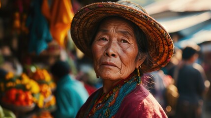 Street photography, Vietnamese woman in colorful ethnic clothing and traditional hat, local artisans, cotton and linen, bustling market, long shot, Old Town Square, cultural vibrancy.