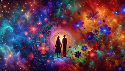Illustration featuring a male and female figure in a silhouette, representing valentines in love, set amidst a vivid cosmos filled with stars and floating flowers.