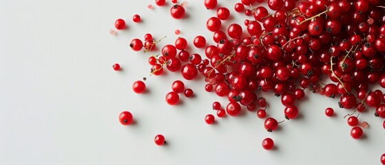 Scattered redcurrants with vibrant red hues and fresh green leaves on a grey surface.