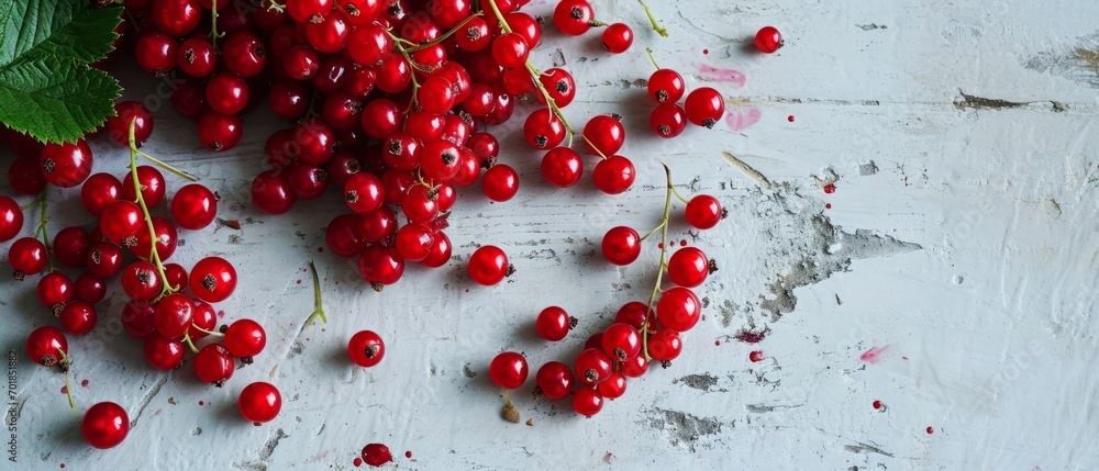 Wall mural Scattered redcurrants with vibrant red hues and fresh green leaves on a grey surface.