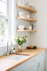 A nice tidy kitchen with a wooden kitchen counter and white walls