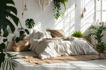 Contemporary Boho Bedroom Interior with White Empty Wall, Plants, and Bed