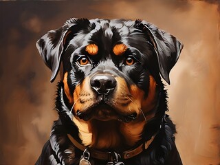 A painted portrait of a wet rottweiler dog on a brown background. Generative AI