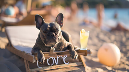 A france buldog sits on a sign reading " love ", in the style of tabletop