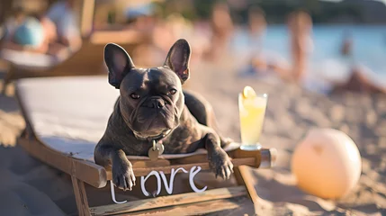 Wall murals French bulldog A france buldog sits on a sign reading " love ", in the style of tabletop
