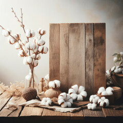 Empty rustic old wooden boards table copy space with cotton plants and white flowers in background. ai generative