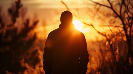 Silhouette of a praying man against the background of sunrise - obrazy, fototapety, plakaty